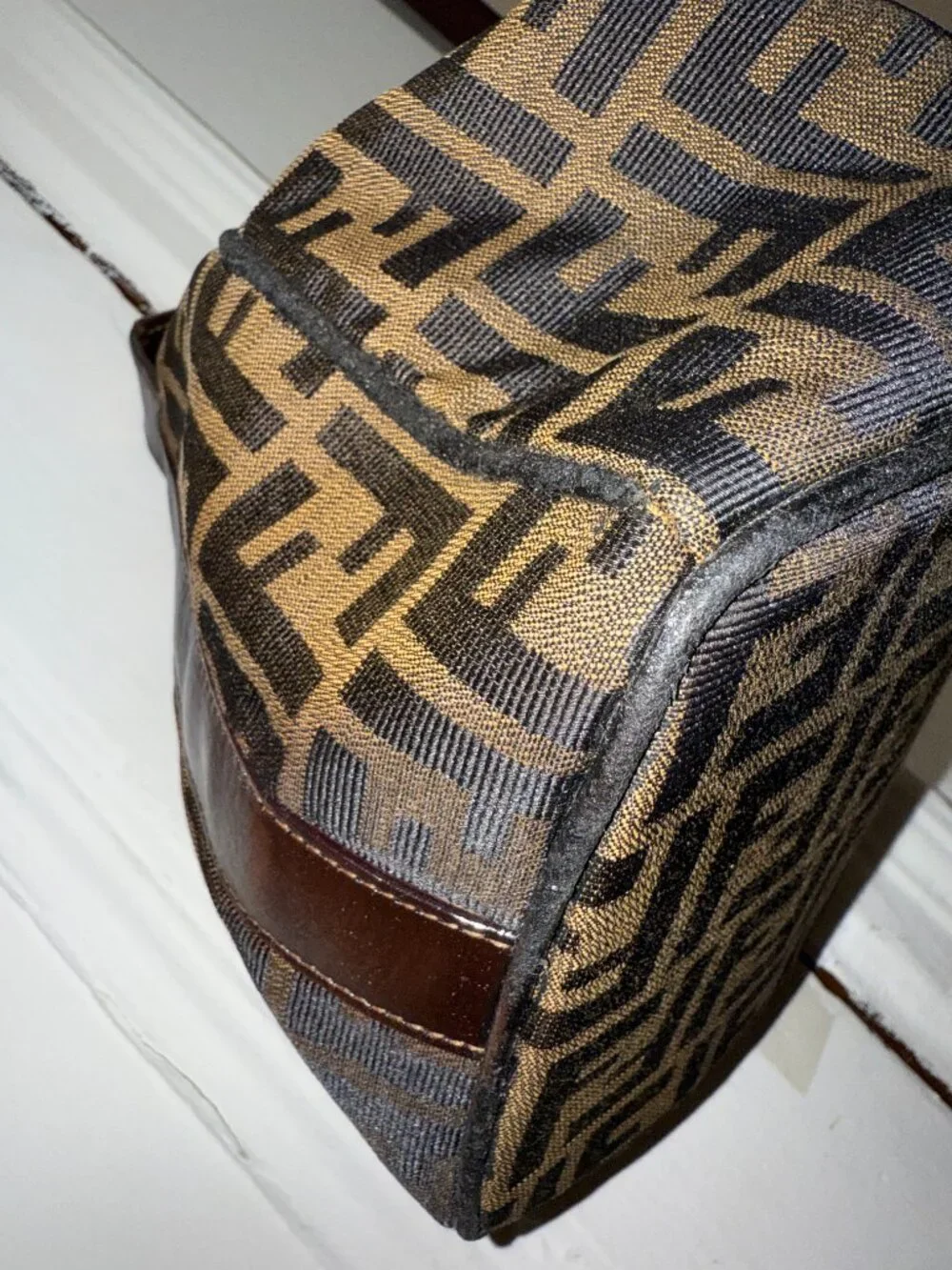 Authentic FENDI Zucca Canvas Top Handle Arm Vanity Bag Black Brown